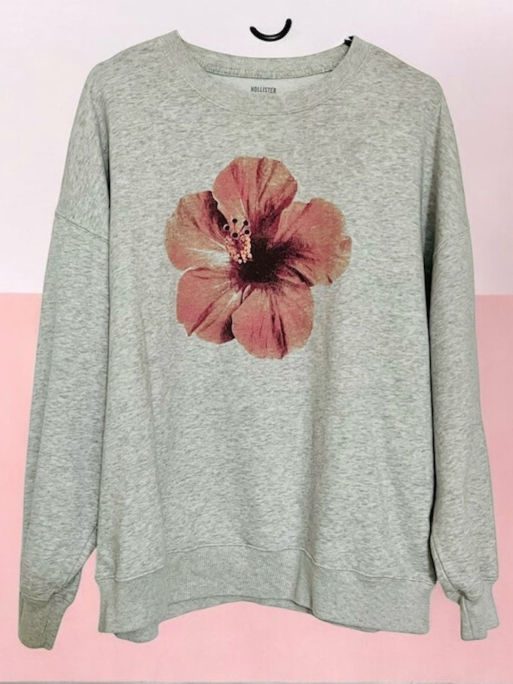 Hollister Gray Crewneck Oversized Sweatshirt with Pink Hibiscus Flower Print